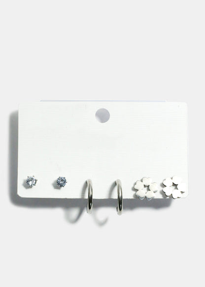 3-Pair Flower Stud & Hoop Earrings
