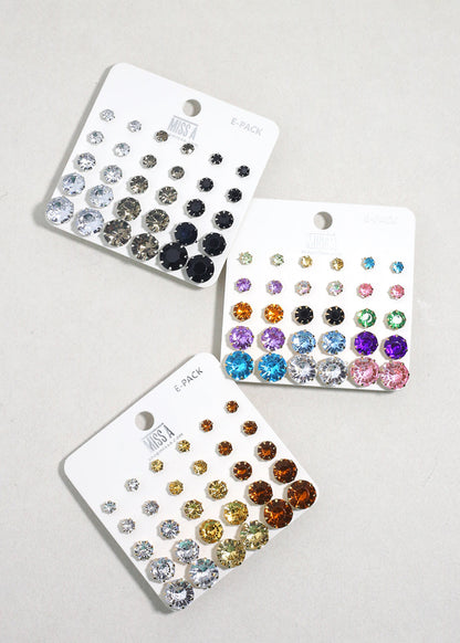 Multi-Color Rhinestone Stud Earring Pack - Silver