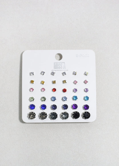 Multi-Color Rhinestone Stud Earring Pack - Silver