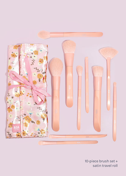 AOA Matte Rose Brush Set + Satin Travel Roll