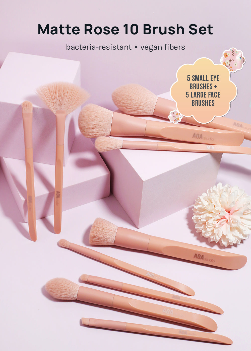 AOA Matte Rose Brush Set + Satin Travel Roll