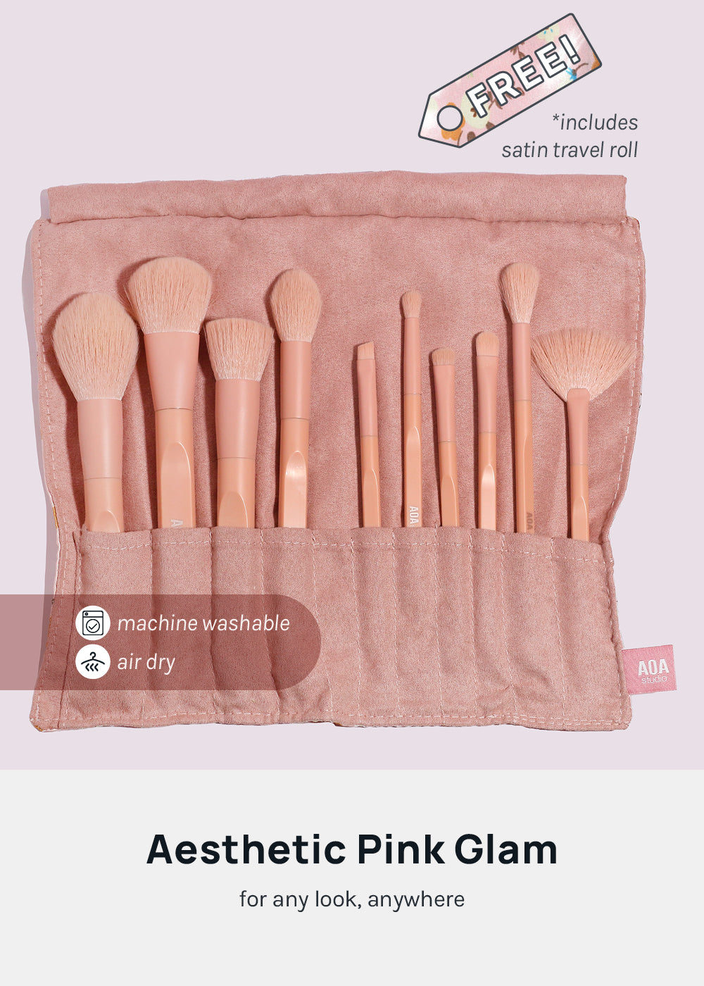 AOA Matte Rose Brush Set + Satin Travel Roll