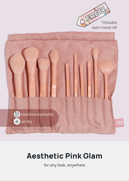 AOA Matte Rose Brush Set + Satin Travel Roll