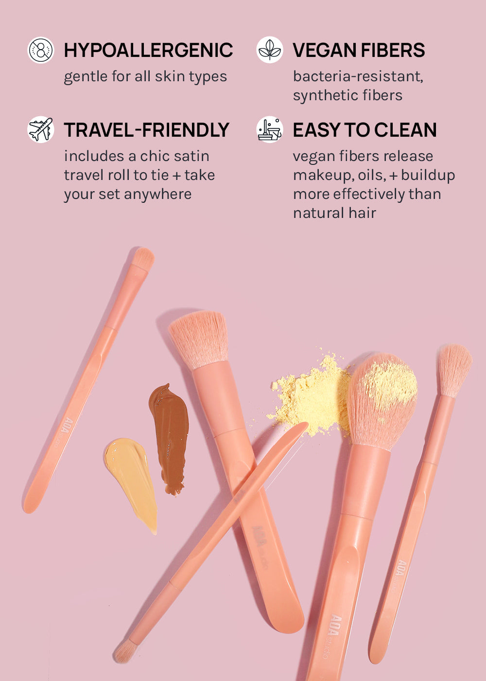 AOA Matte Rose Brush Set + Satin Travel Roll