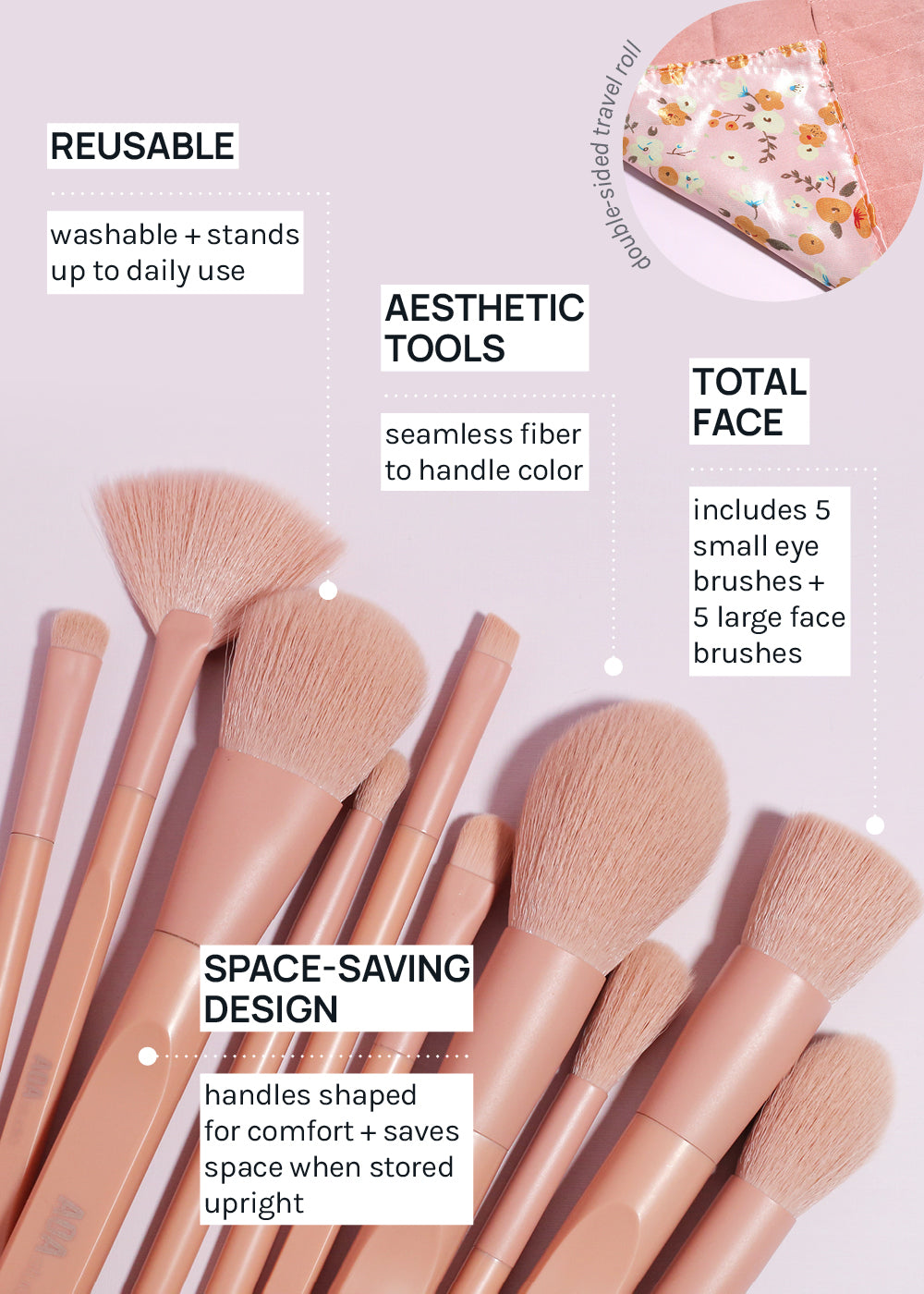 AOA Matte Rose Brush Set + Satin Travel Roll